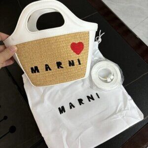 Marni Tan Woven Mini Bag with Red Heart